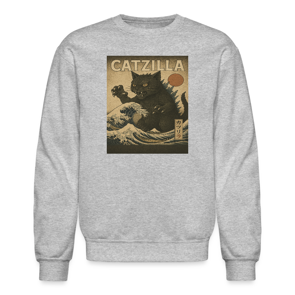 Ukiyo-e Catzilla Retro Japanese Monster Cat Crewneck Sweatshirt - heather gray