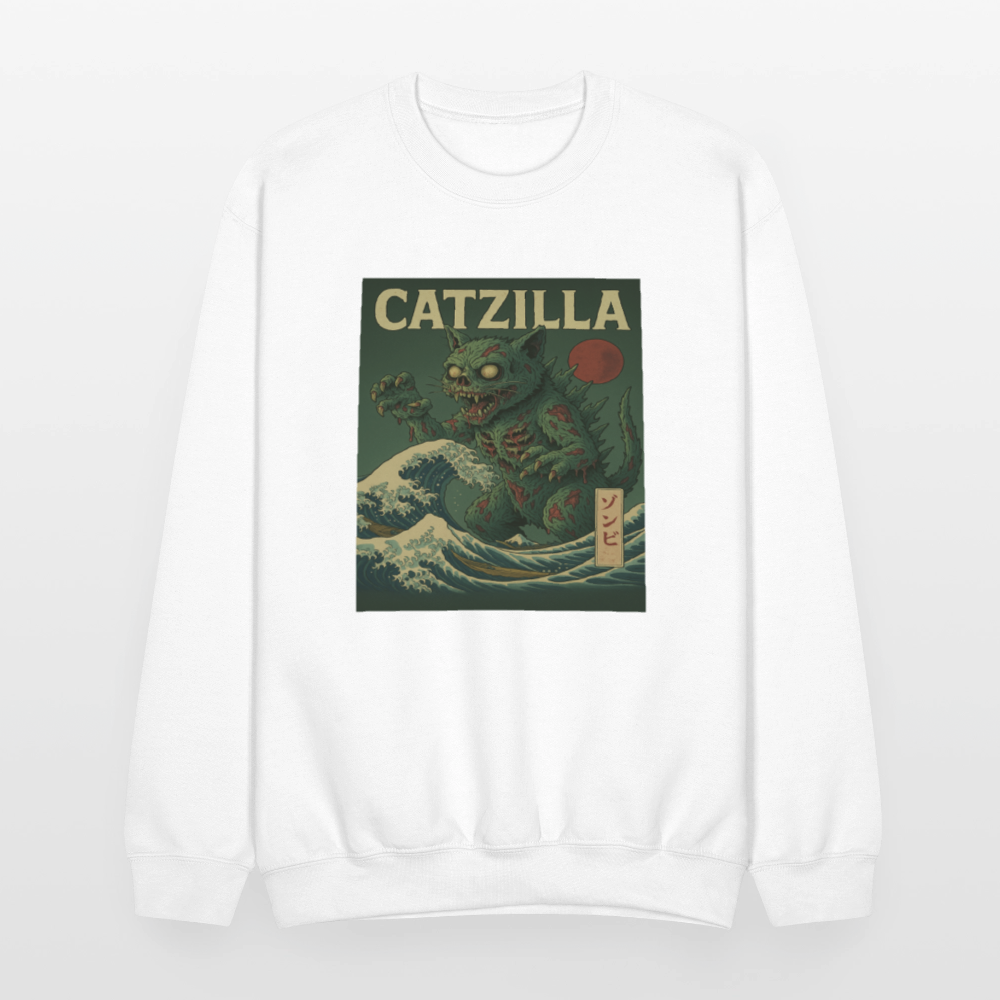Zombie Catzilla Meme Horror Design Crewneck Sweatshirt - white