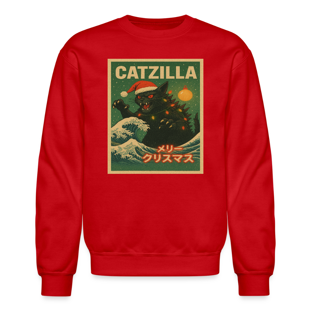 Funny Catzilla Christmas Retro Design Crewneck Sweatshirt - red