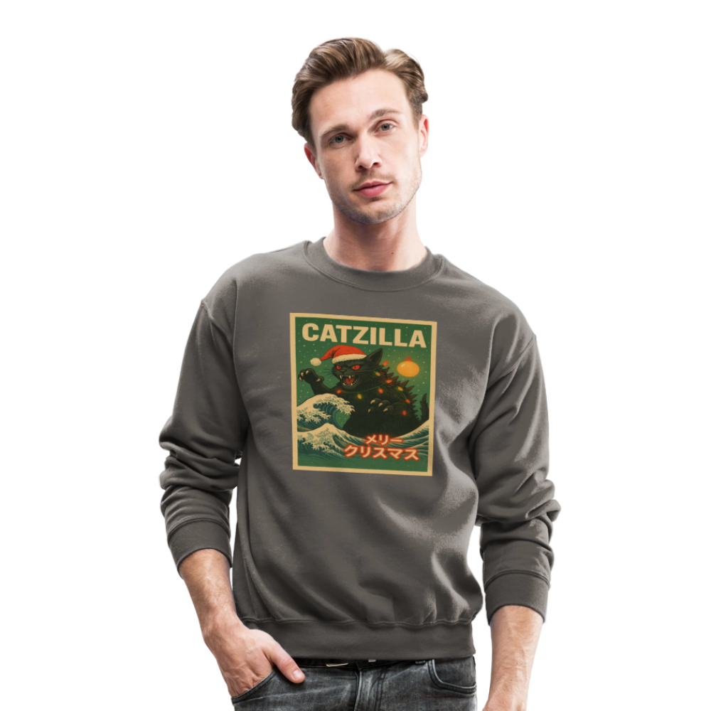 Funny Catzilla Christmas Retro Design Crewneck Sweatshirt - asphalt gray