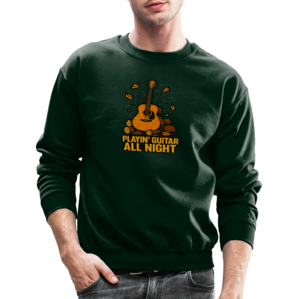 Playin Guitar All Night Acoustic Music Crewneck Sweatshirt - forest green
