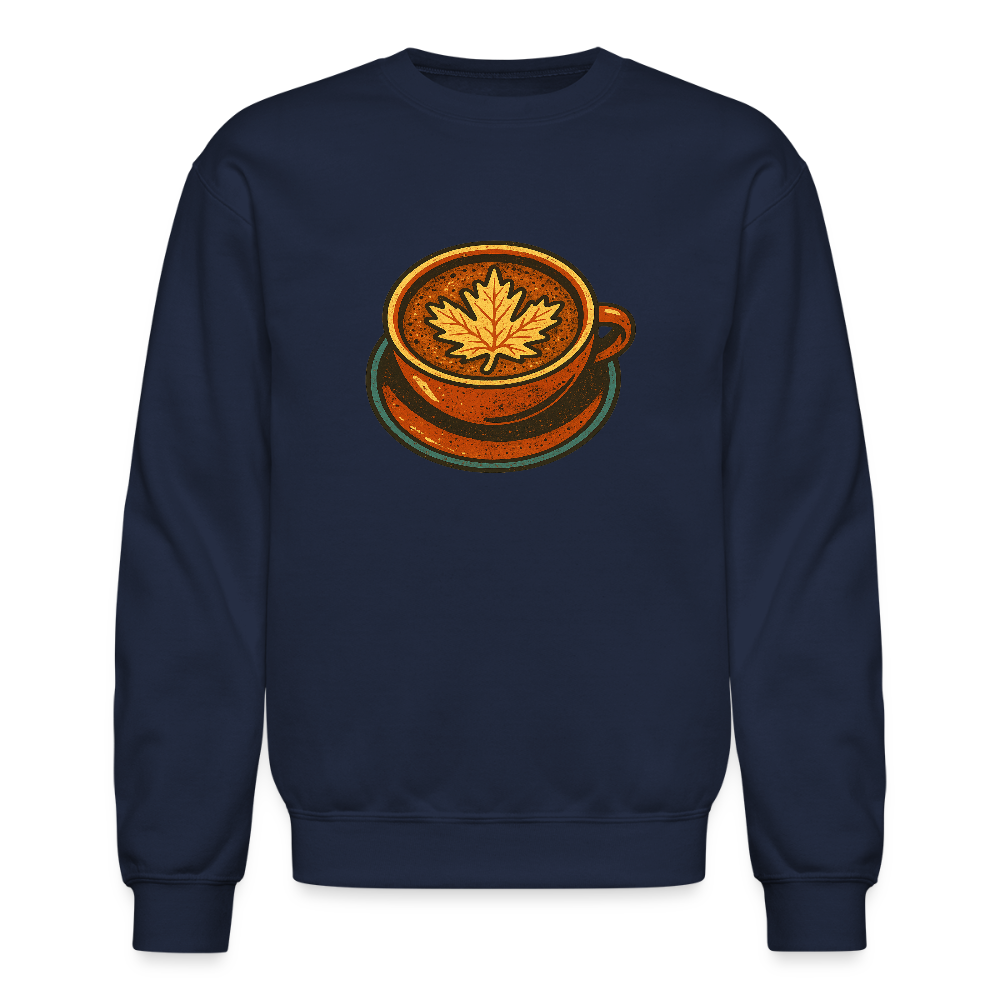 Autumn Coffee Cup with Maple Leaf Art Crewneck Sweatshirt - navy