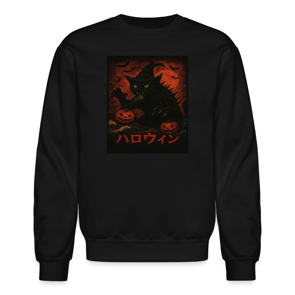 Scary Catzilla Halloween Dark Design Crewneck Sweatshirt - black