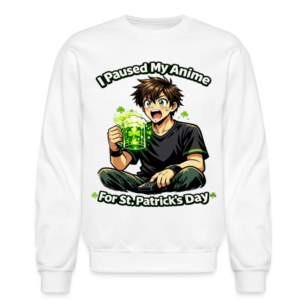 I Paused My Anime for St Patrick’s Day Meme Crewneck Sweatshirt – Funny Anime Humor Shamrock Green Otaku Holiday Sweatshirt - white