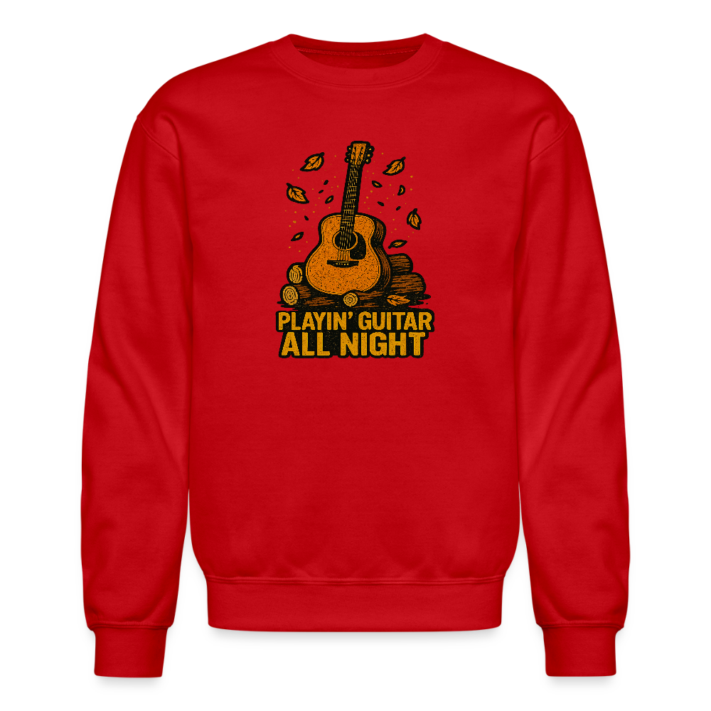 Playin Guitar All Night Acoustic Music Crewneck Sweatshirt - red