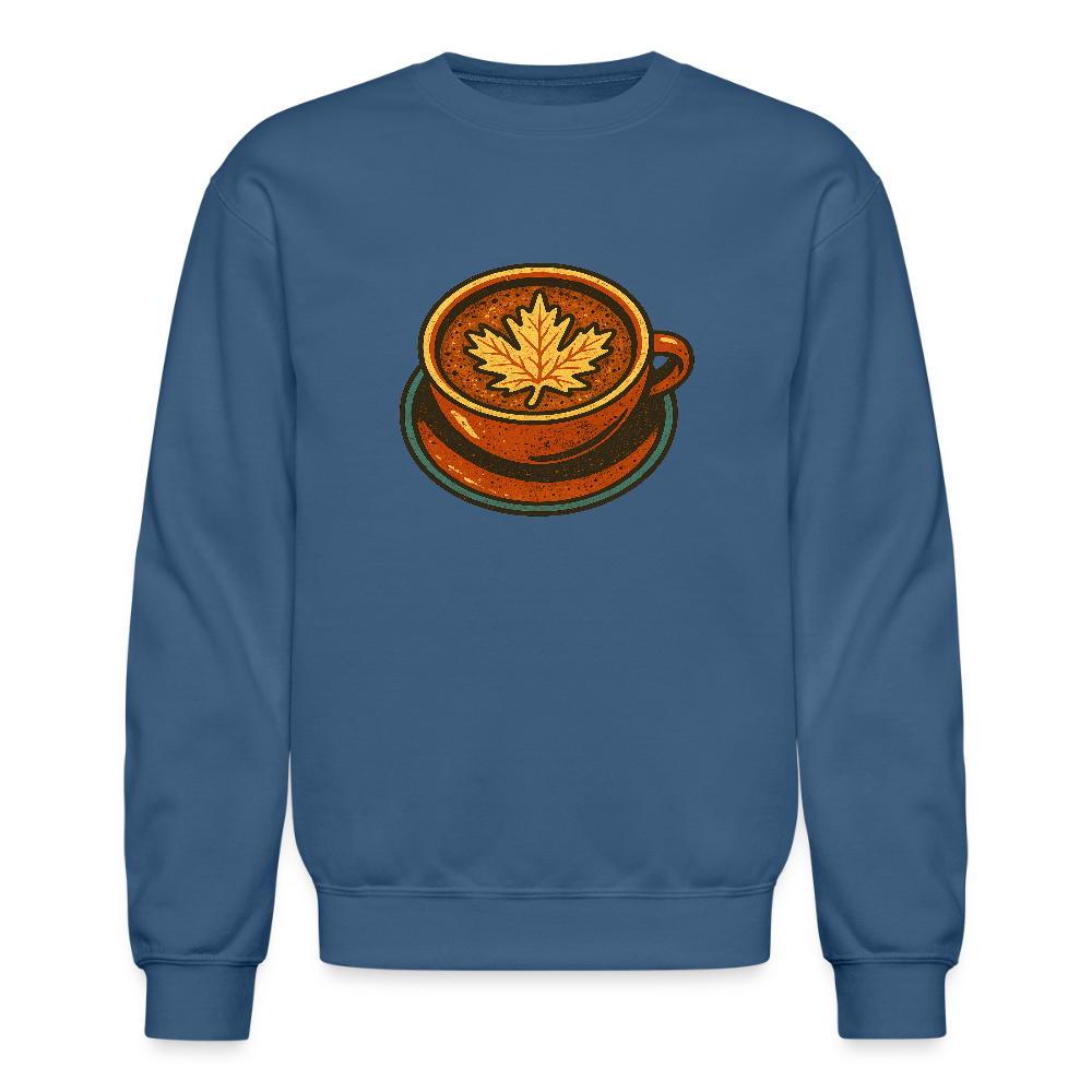 Autumn Coffee Cup with Maple Leaf Art Crewneck Sweatshirt - indigo blue