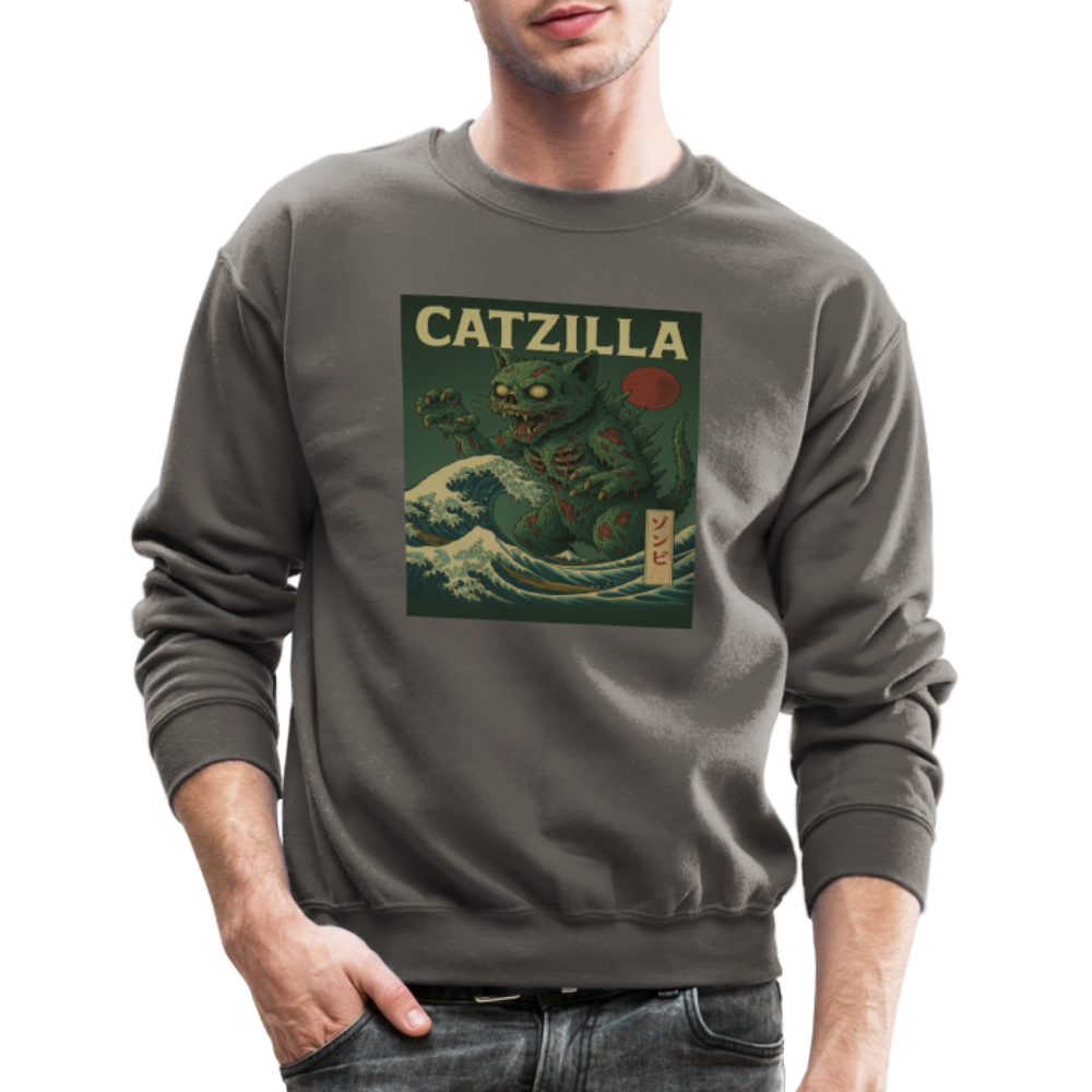 Zombie Catzilla Meme Horror Design Crewneck Sweatshirt - asphalt gray