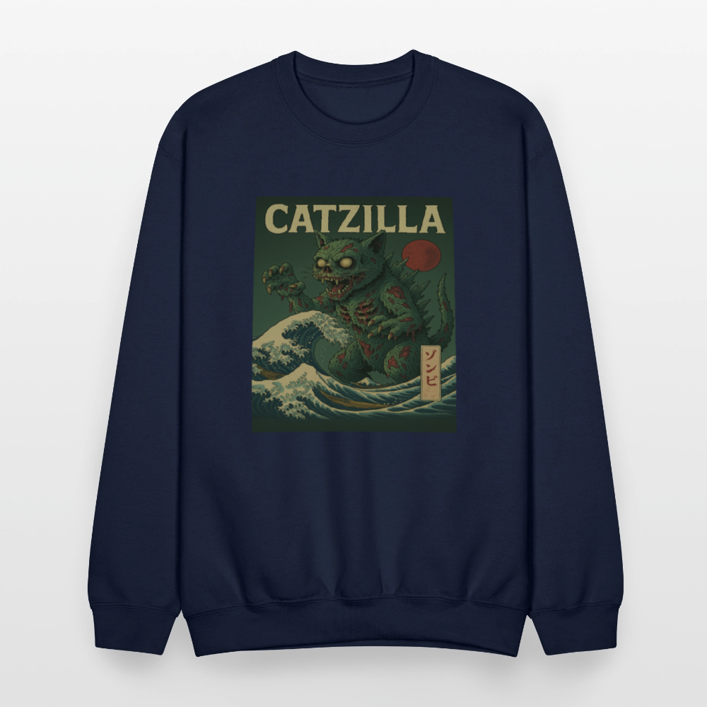 Zombie Catzilla Meme Horror Design Crewneck Sweatshirt - navy