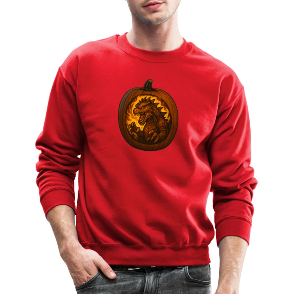 Roaring Kaiju Pumpkin Flame Artwork Crewneck Sweatshirt - red