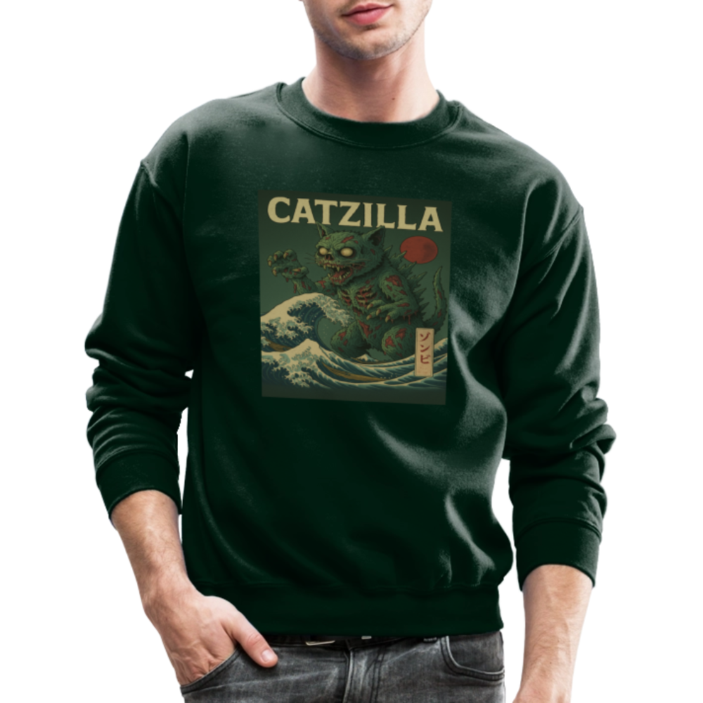 Zombie Catzilla Meme Horror Design Crewneck Sweatshirt - forest green