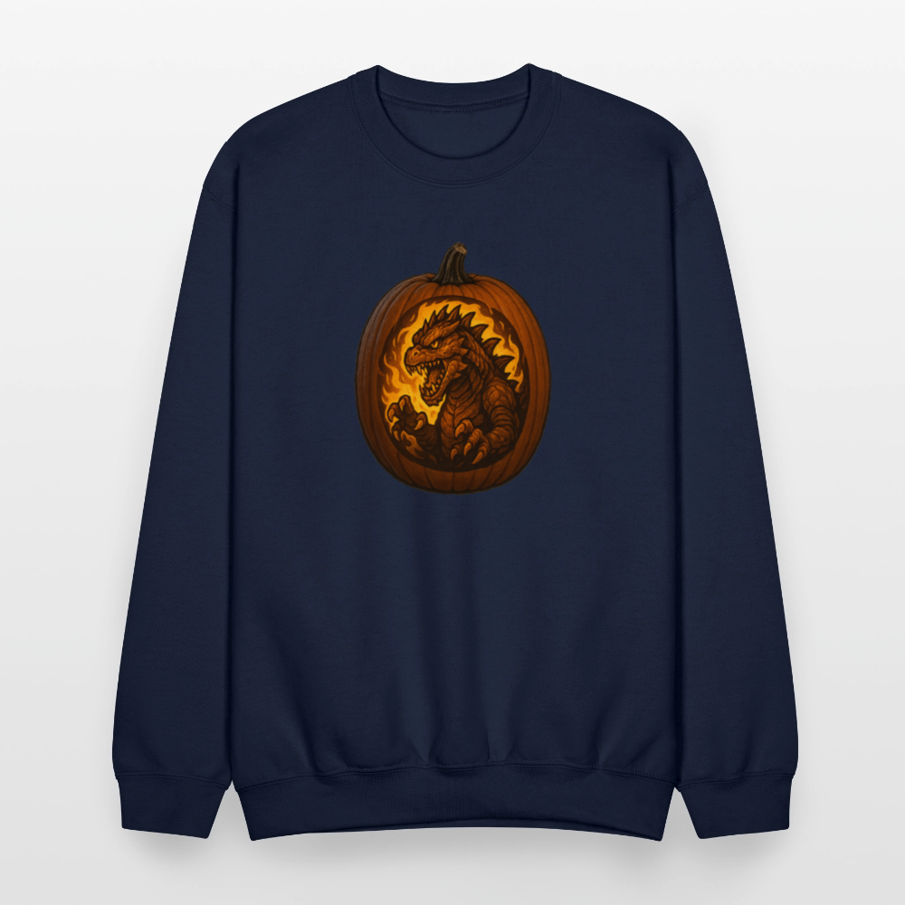 Roaring Kaiju Pumpkin Flame Artwork Crewneck Sweatshirt - navy