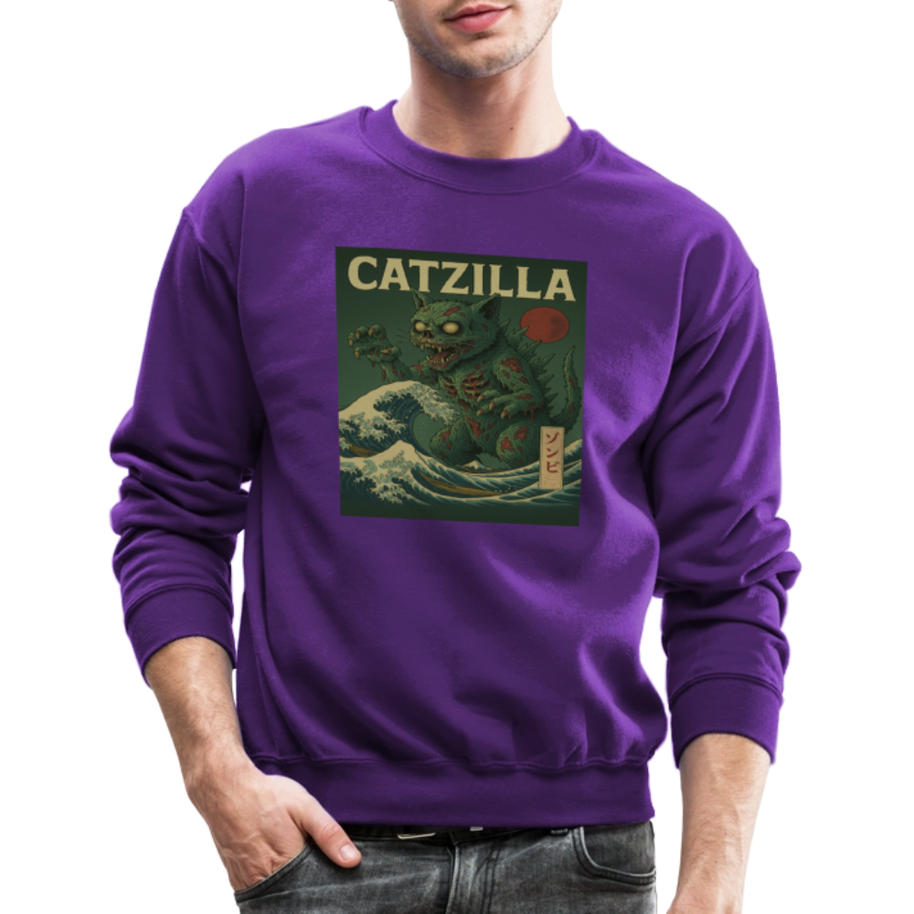 Zombie Catzilla Meme Horror Design Crewneck Sweatshirt - purple