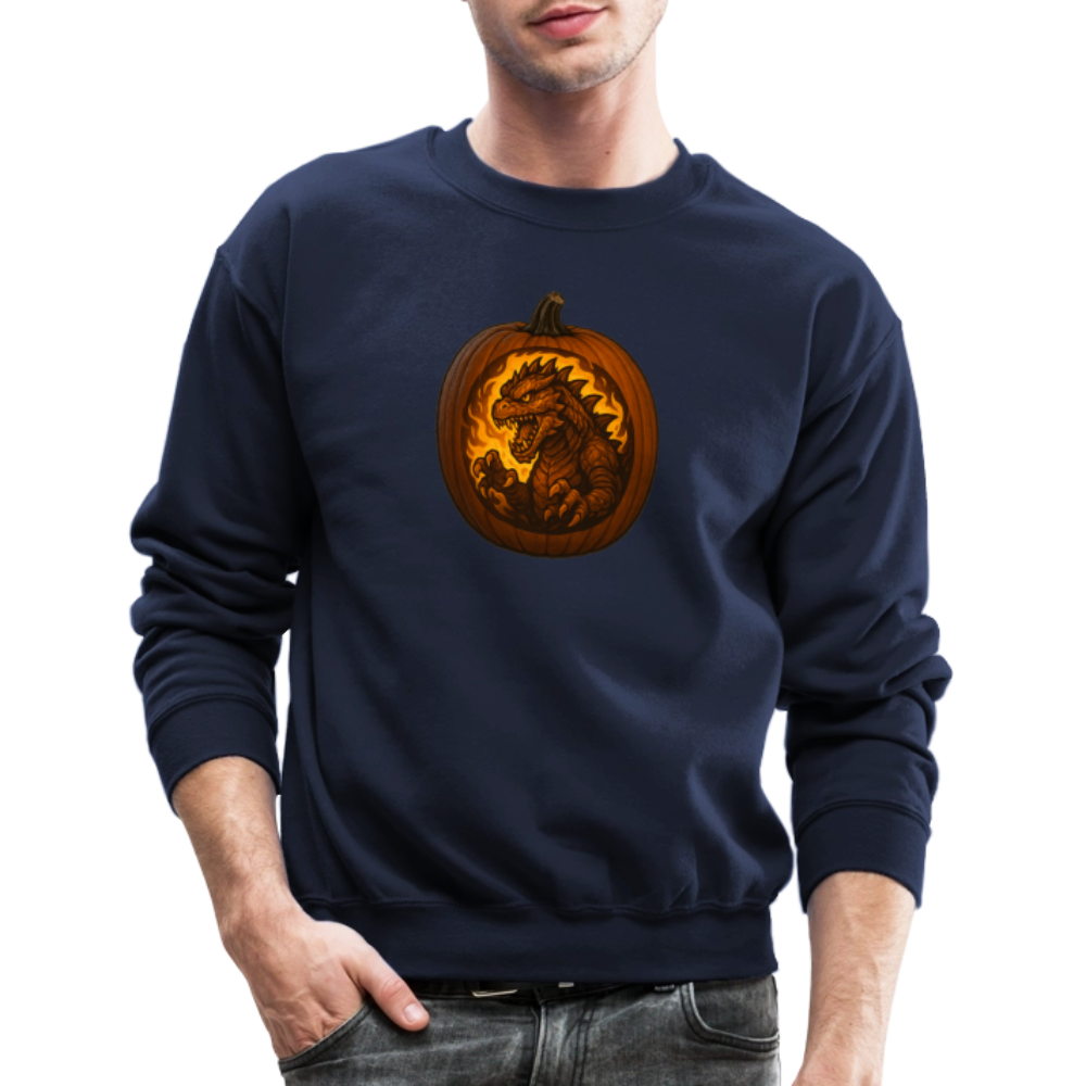 Roaring Kaiju Pumpkin Flame Artwork Crewneck Sweatshirt - navy