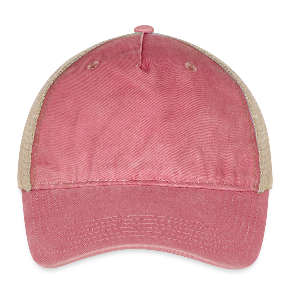 Customizable Pigment Dyed Trucker Hat ADD YOUR OWN PHOTO, IMAGES, DESIGNS, QUOTES AND MORE - washed red/beige