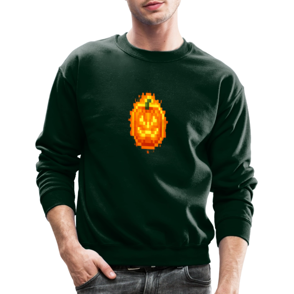 Pixel Pumpkin Power Up Halloween Retro 8 Bit Gamer Crewneck Sweatshirt - forest green
