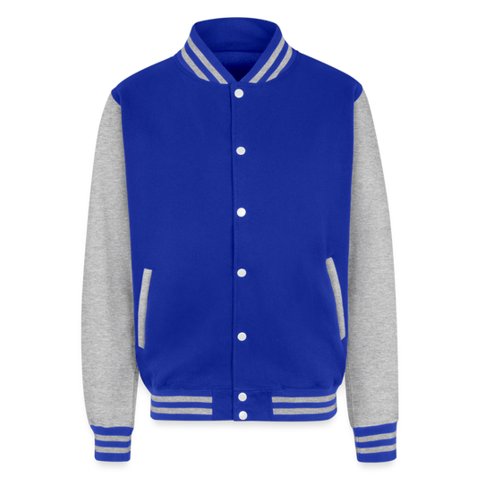 Customizable Hoods Heavyweight Letterman Jacket ADD YOUR OWN PHOTO, IMAGES, DESIGNS, QUOTES AND MORE - royal/heather grey