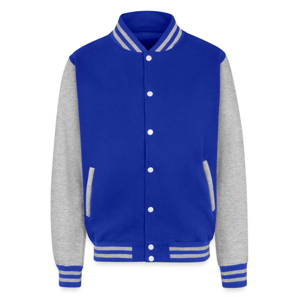 Customizable Hoods Heavyweight Letterman Jacket ADD YOUR OWN PHOTO, IMAGES, DESIGNS, QUOTES AND MORE - royal/heather grey