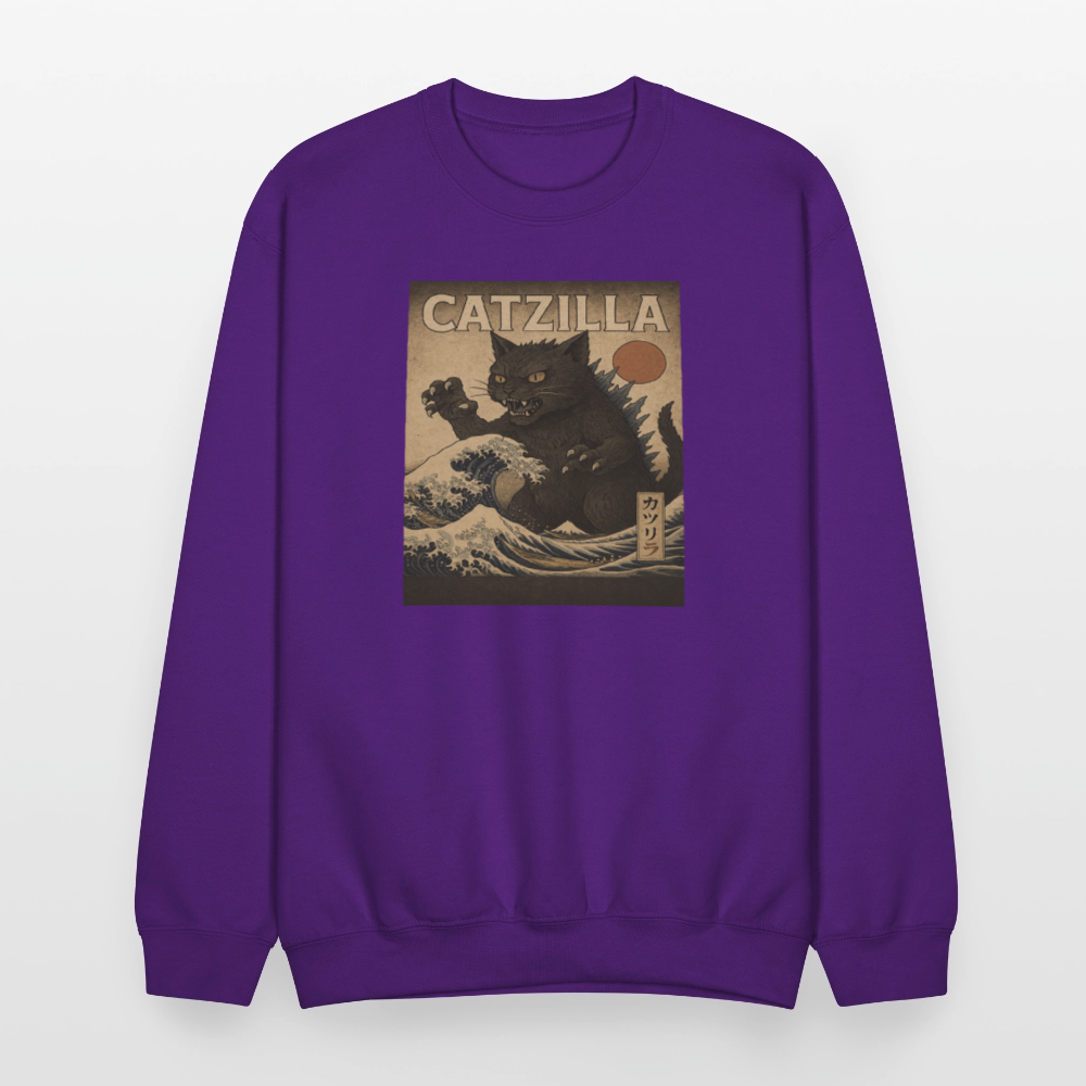 Ukiyo-e Catzilla Retro Japanese Monster Cat Crewneck Sweatshirt - purple