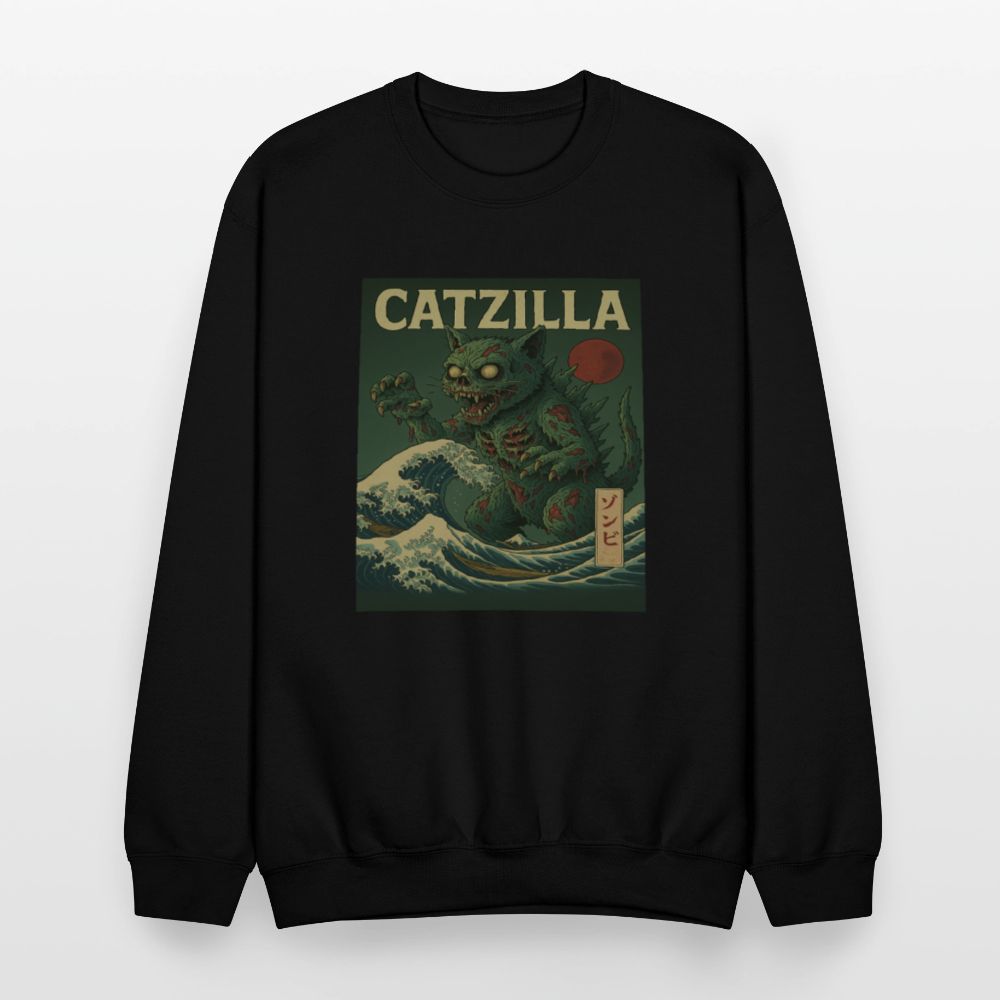 Zombie Catzilla Meme Horror Design Crewneck Sweatshirt - black