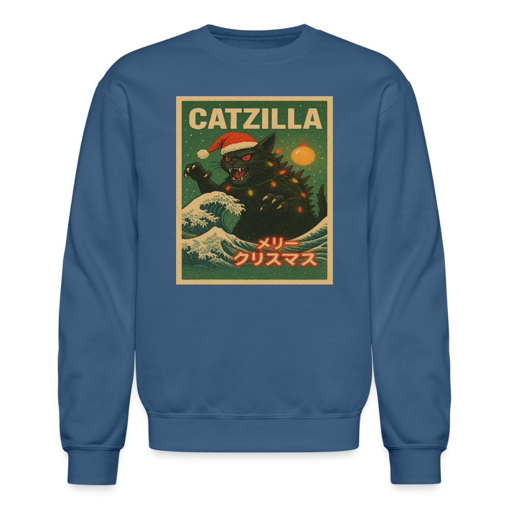 Funny Catzilla Christmas Retro Design Crewneck Sweatshirt - indigo blue