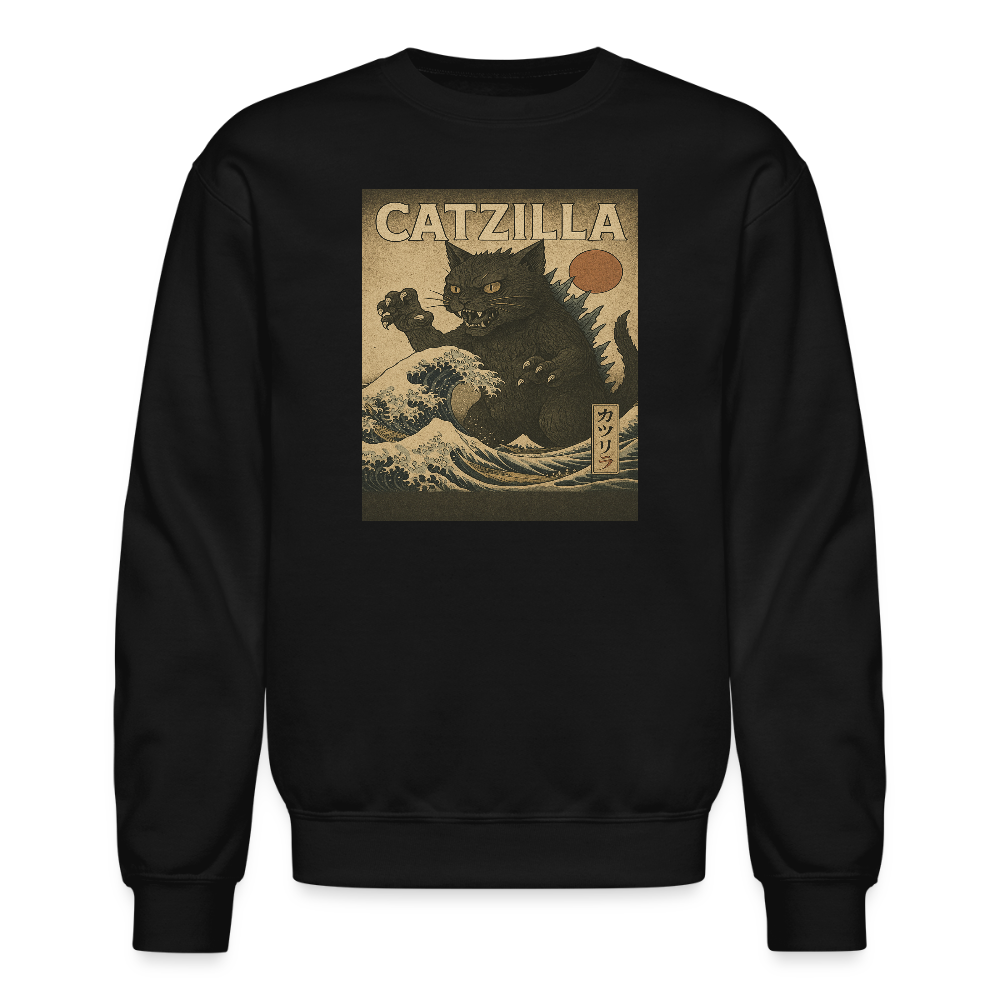 Ukiyo-e Catzilla Retro Japanese Monster Cat Crewneck Sweatshirt - black