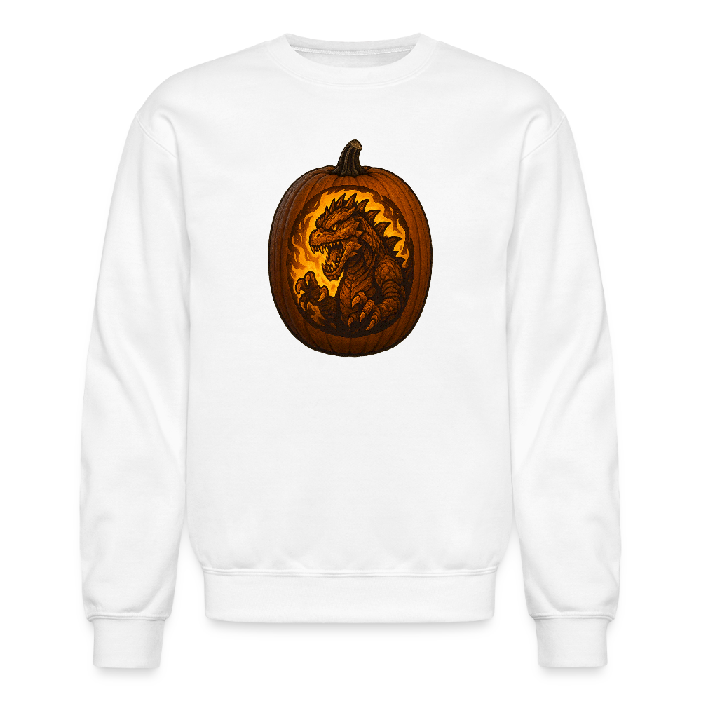 Roaring Kaiju Pumpkin Flame Artwork Crewneck Sweatshirt - white