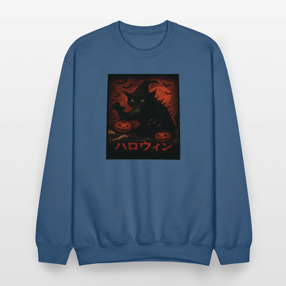 Scary Catzilla Halloween Dark Design Crewneck Sweatshirt - indigo blue