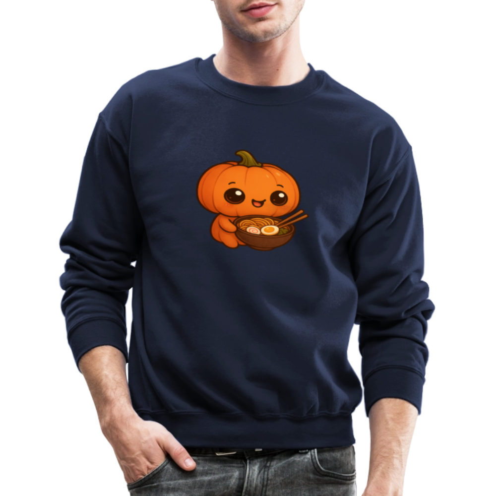Chibi Pumpkin with Ramen Bowl Kawaii Art Crewneck Sweatshirt - navy