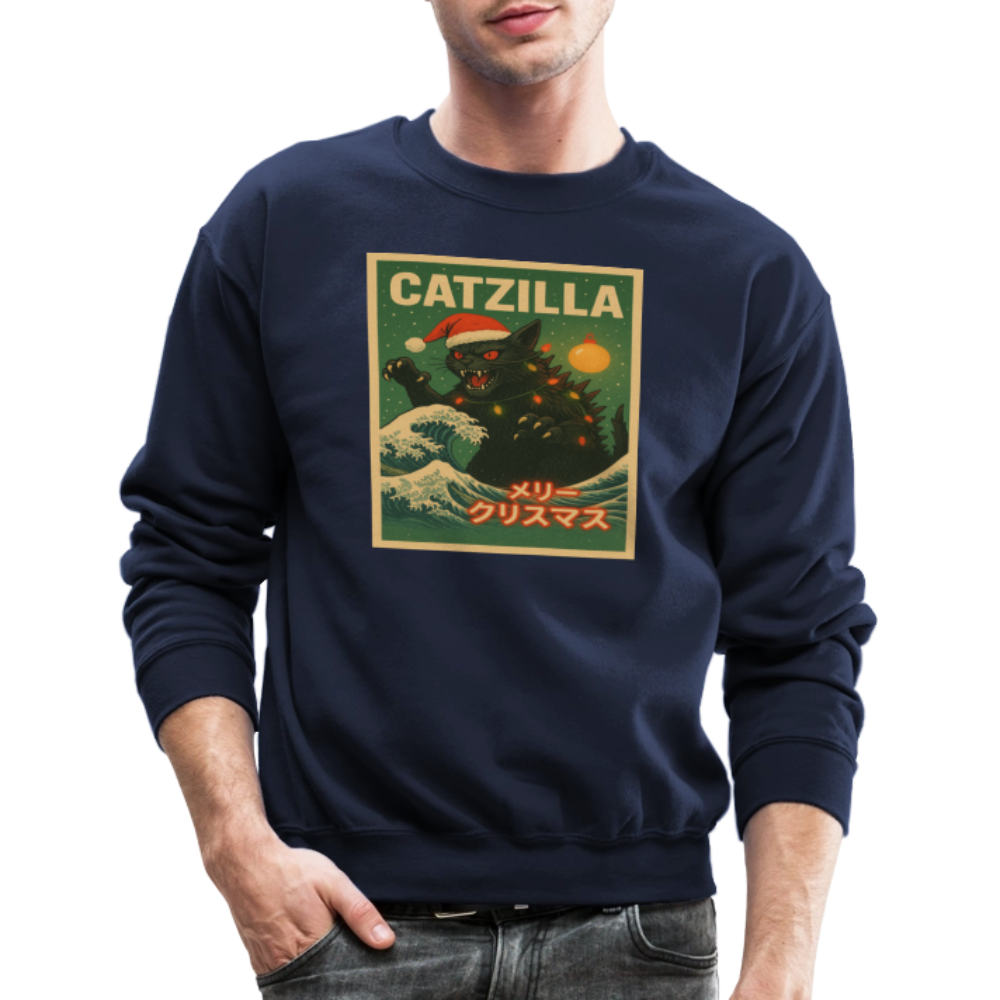 Funny Catzilla Christmas Retro Design Crewneck Sweatshirt - navy