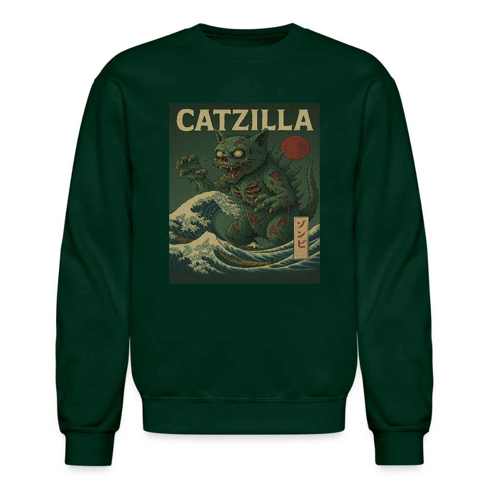 Zombie Catzilla Meme Horror Design Crewneck Sweatshirt - forest green