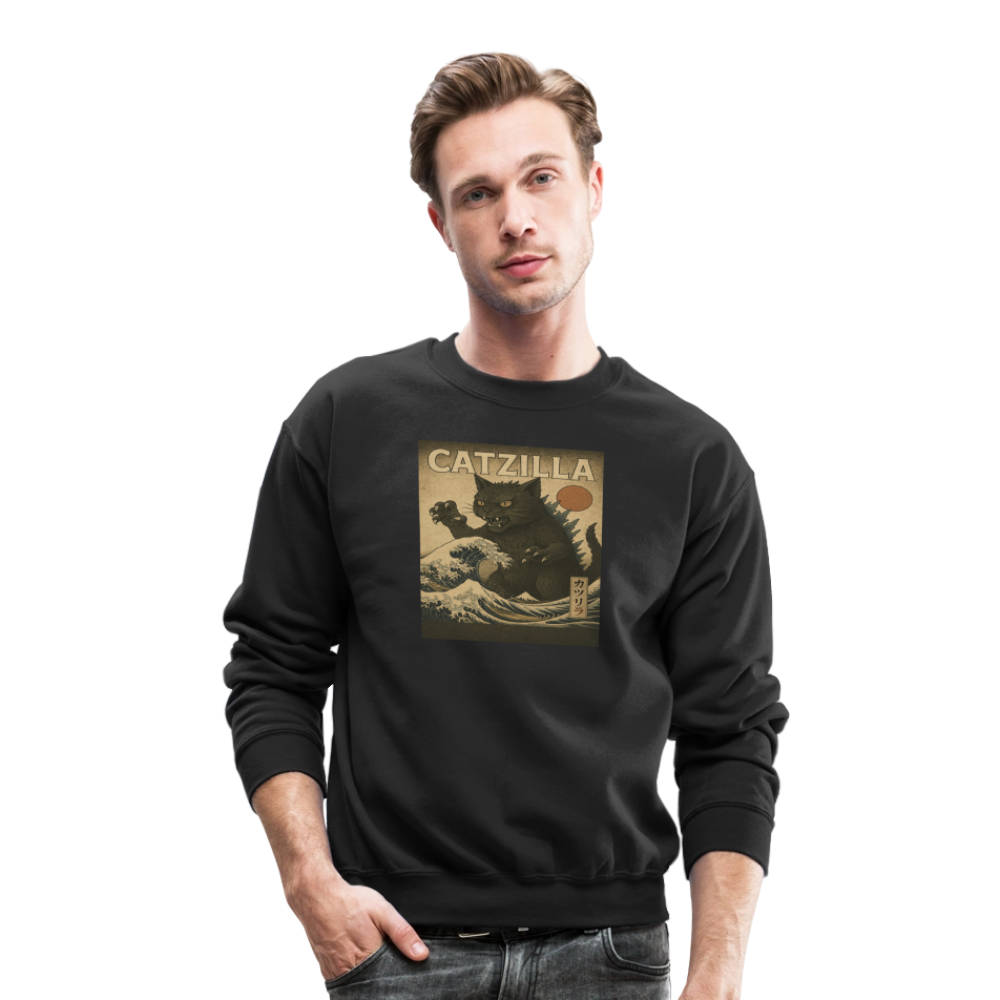 Ukiyo-e Catzilla Retro Japanese Monster Cat Crewneck Sweatshirt - black