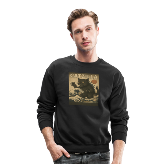 Ukiyo-e Catzilla Retro Japanese Monster Cat Crewneck Sweatshirt - black