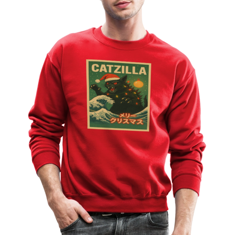 Funny Catzilla Christmas Retro Design Crewneck Sweatshirt - red
