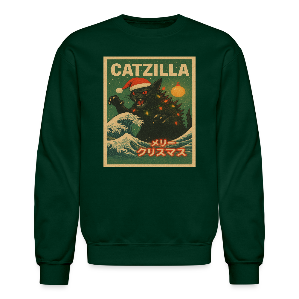 Funny Catzilla Christmas Retro Design Crewneck Sweatshirt - forest green