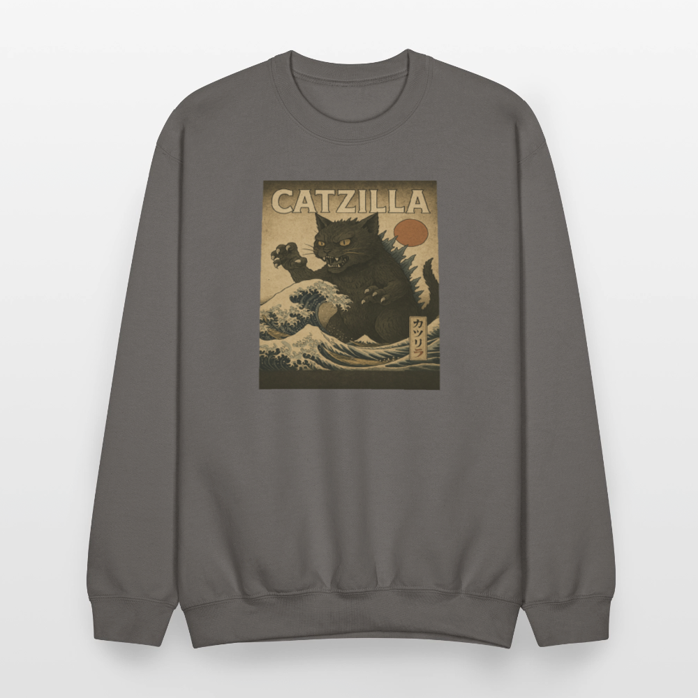Ukiyo-e Catzilla Retro Japanese Monster Cat Crewneck Sweatshirt - asphalt gray