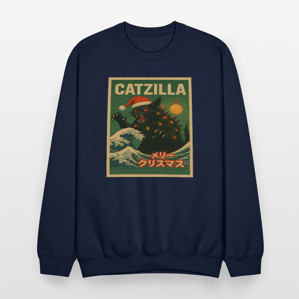 Funny Catzilla Christmas Retro Design Crewneck Sweatshirt - navy