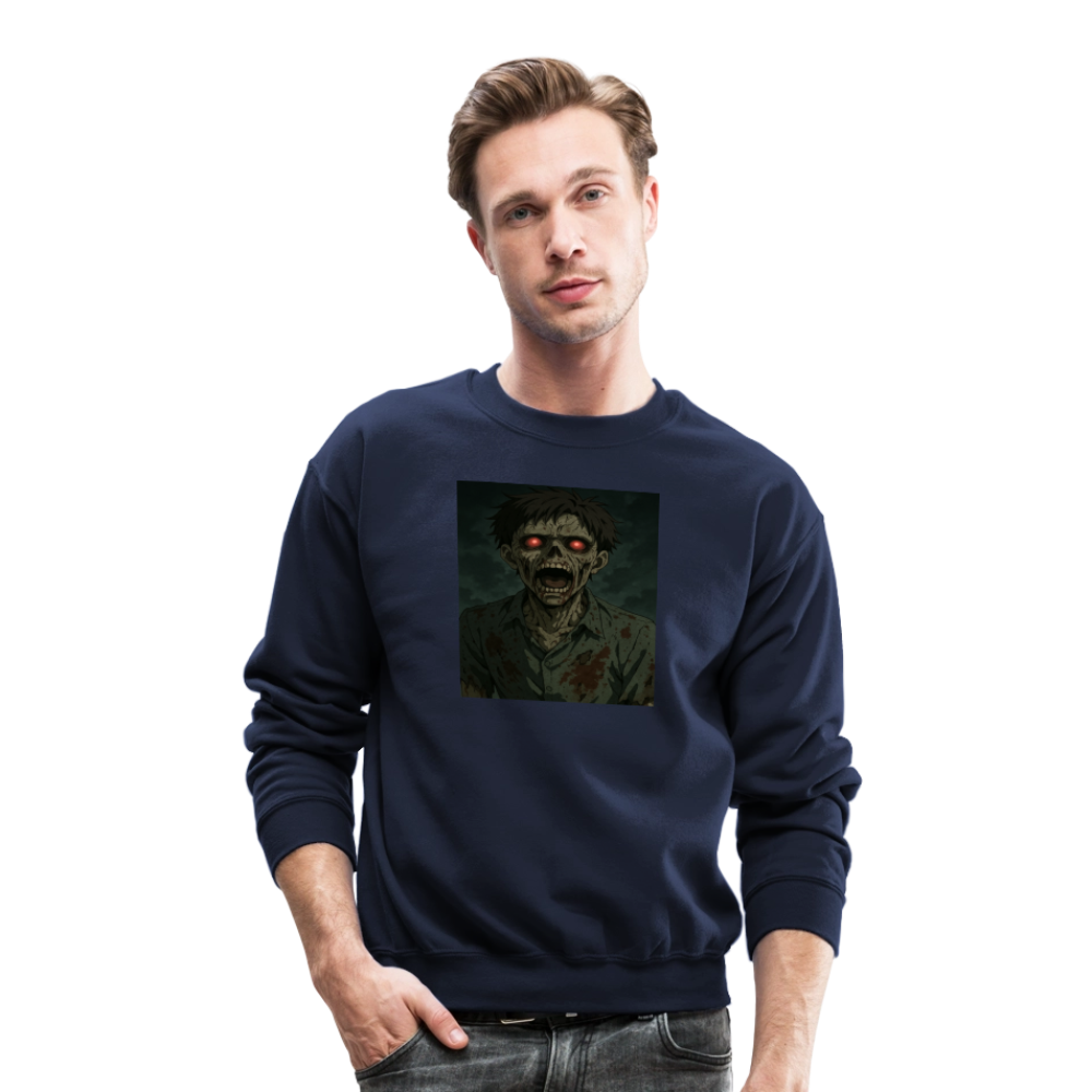 Scary Anime Zombie With Glowing Eyes Horror Art Crewneck Sweatshirt - navy