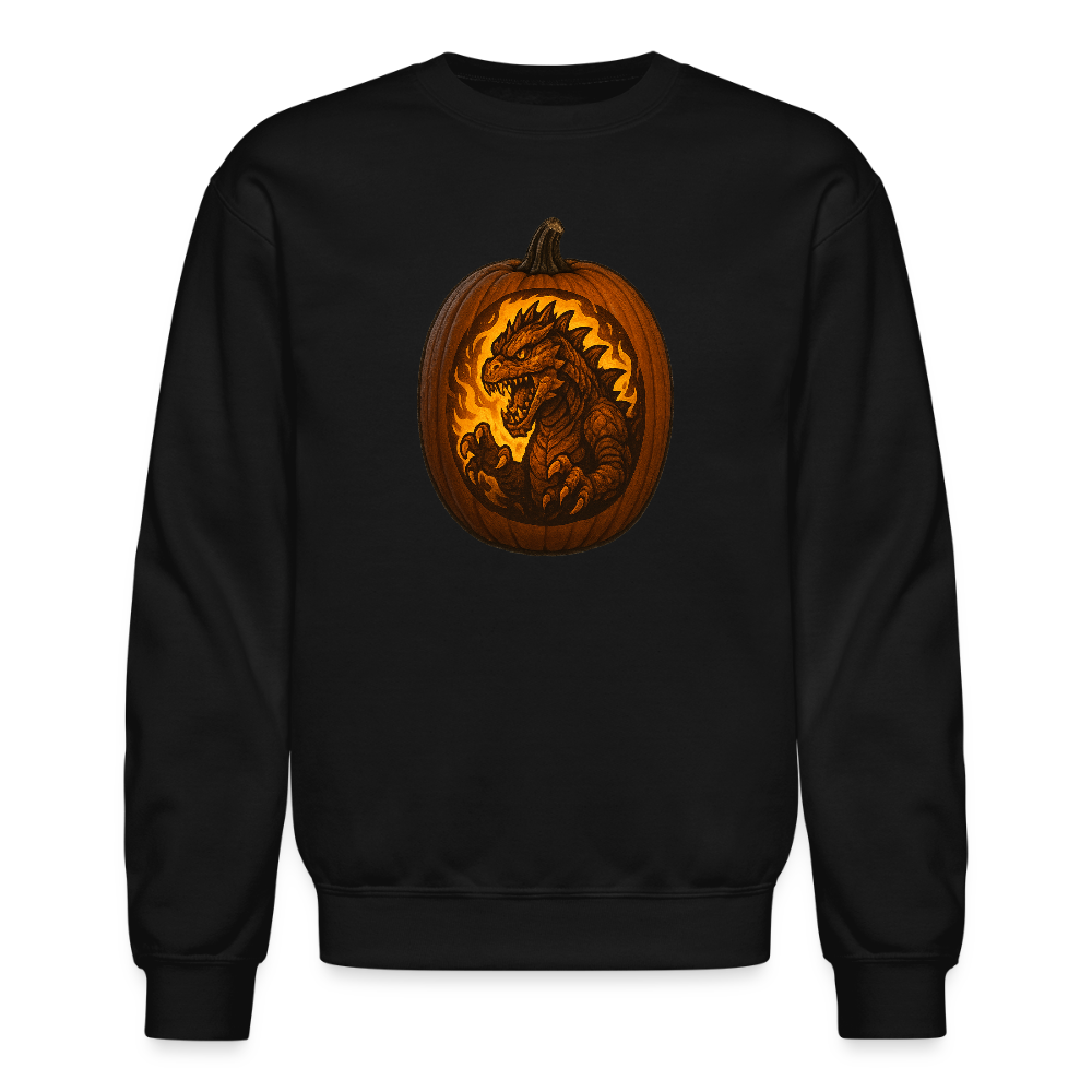 Roaring Kaiju Pumpkin Flame Artwork Crewneck Sweatshirt - black