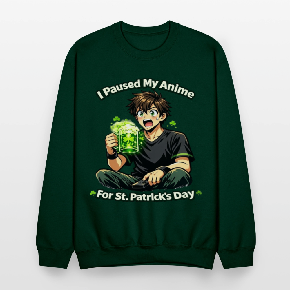 I Paused My Anime for St Patrick’s Day Meme Crewneck Sweatshirt – Funny Anime Humor Shamrock Green Otaku Holiday Sweatshirt - forest green