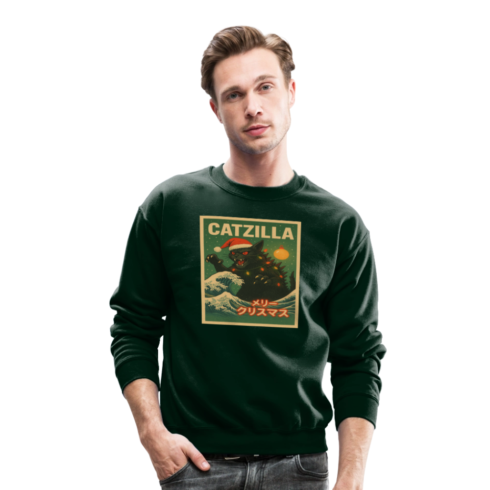 Funny Catzilla Christmas Retro Design Crewneck Sweatshirt - forest green