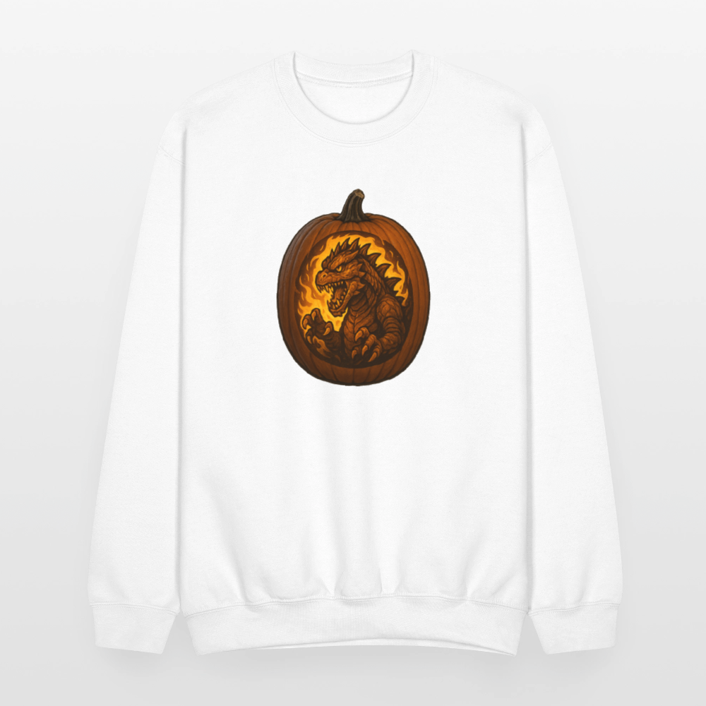 Roaring Kaiju Pumpkin Flame Artwork Crewneck Sweatshirt - white