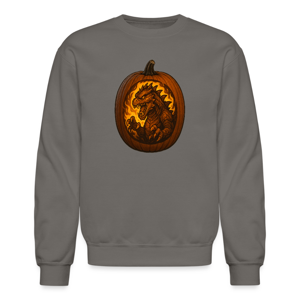 Roaring Kaiju Pumpkin Flame Artwork Crewneck Sweatshirt - asphalt gray