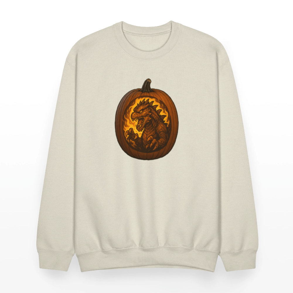 Roaring Kaiju Pumpkin Flame Artwork Crewneck Sweatshirt - Sand