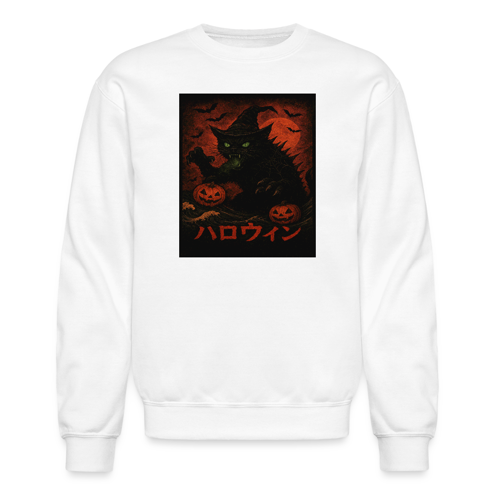 Scary Catzilla Halloween Dark Design Crewneck Sweatshirt - white