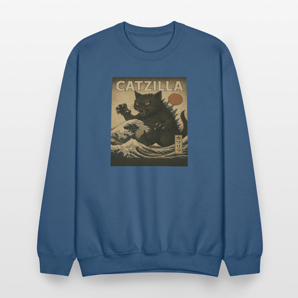 Ukiyo-e Catzilla Retro Japanese Monster Cat Crewneck Sweatshirt - indigo blue
