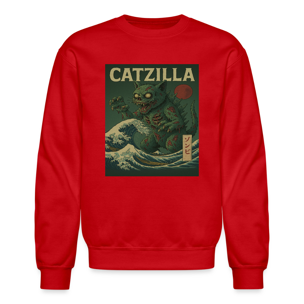 Zombie Catzilla Meme Horror Design Crewneck Sweatshirt - red