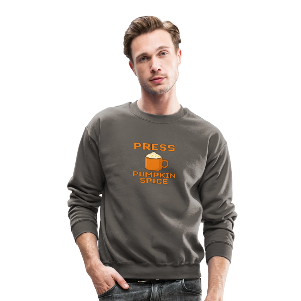 Press Pumpkin Spice Funny Gamer Meme Crewneck Sweatshirt - asphalt gray