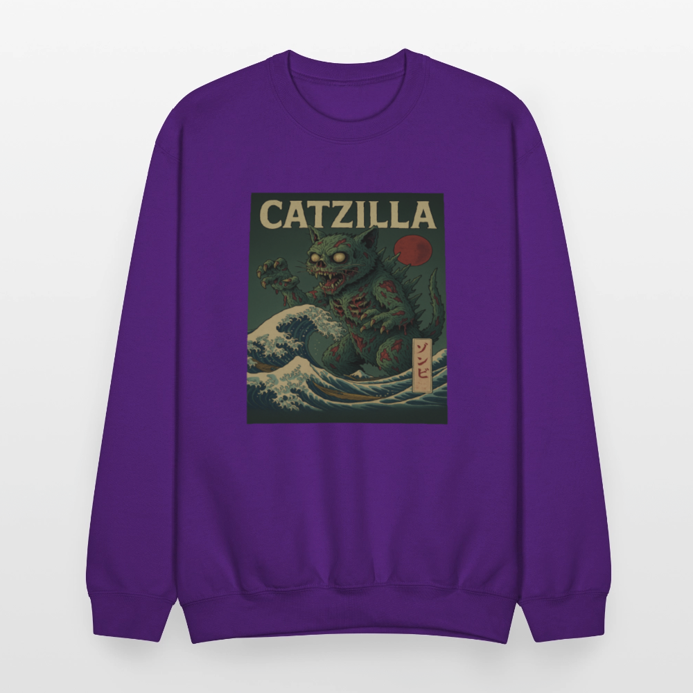 Zombie Catzilla Meme Horror Design Crewneck Sweatshirt - purple