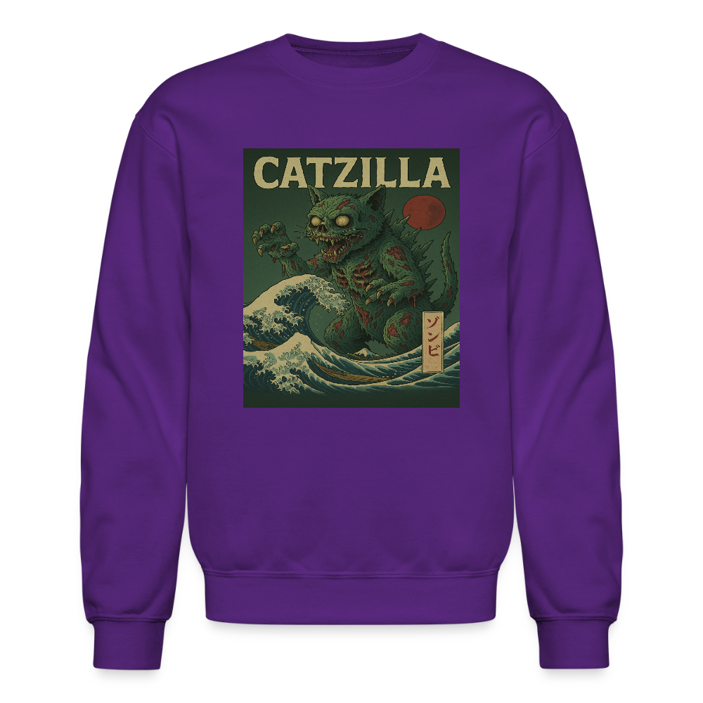 Zombie Catzilla Meme Horror Design Crewneck Sweatshirt - purple