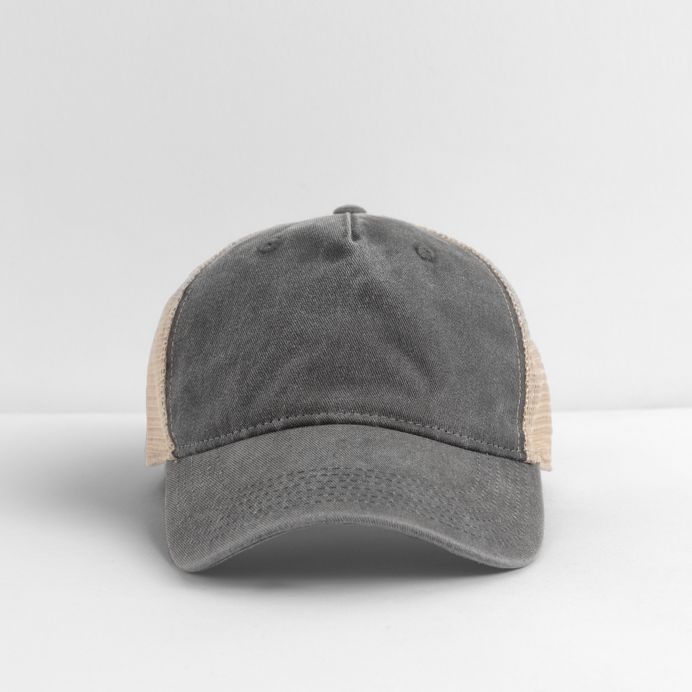 Customizable Pigment Dyed Trucker Hat ADD YOUR OWN PHOTO, IMAGES, DESIGNS, QUOTES AND MORE - washed black/beige